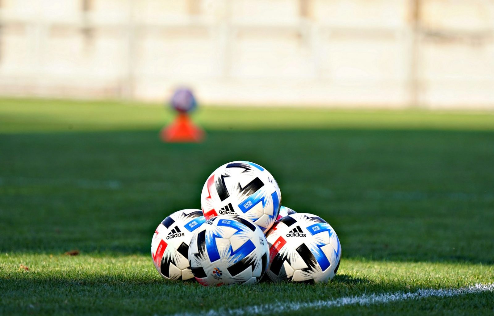 white blue and red soccer ball on green grass field during daytime