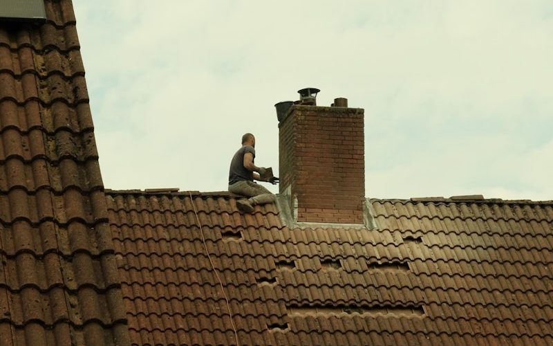 a man on a roof with a bird flying overhead