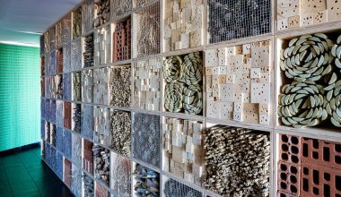 a wall with a bunch of tiles on it