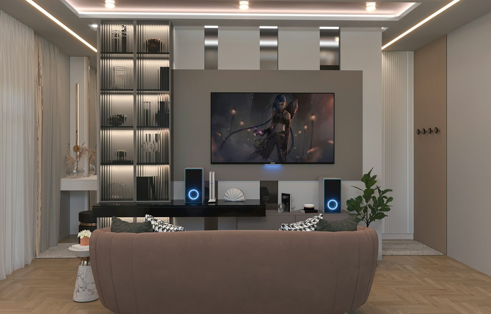 a living room with a large screen