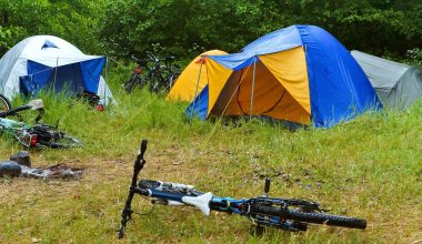 Een tent opgesteld in een herfstbos met gevallen bladeren op de grond en koele ochtenddamp
