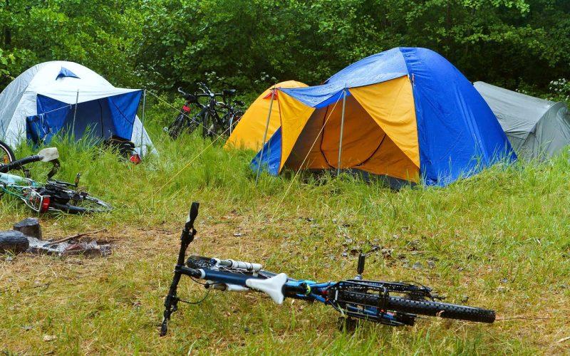 Een tent opgesteld in een herfstbos met gevallen bladeren op de grond en koele ochtenddamp