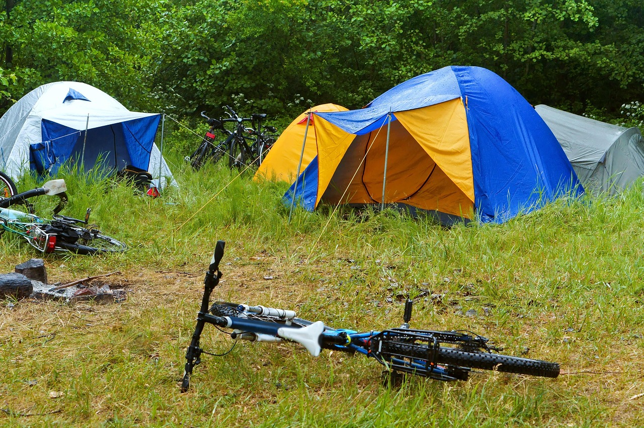 Een tent opgesteld in een herfstbos met gevallen bladeren op de grond en koele ochtenddamp